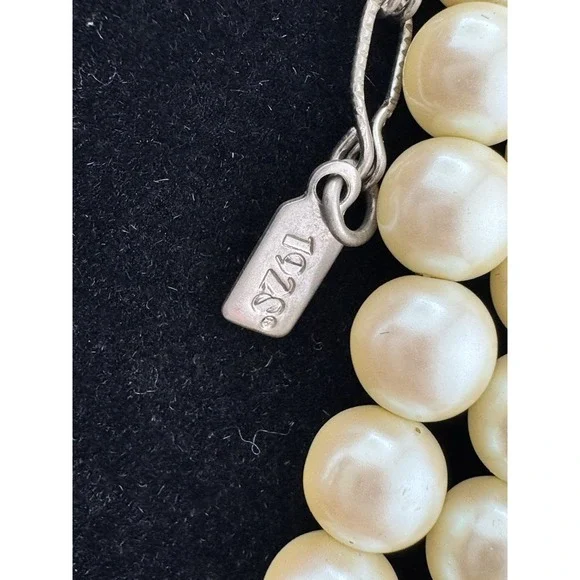 VTG 1928 Faux Pearl 3 Strand Choker Necklace Blue Clear Stones LRG Pendant - Picture 8 of 14